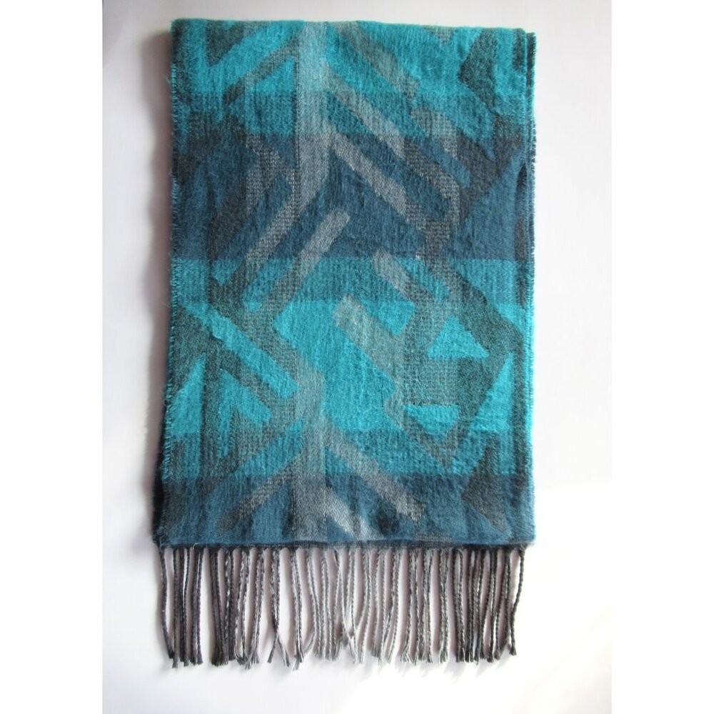 Cejon Italy Women Scarf Acrylic Abstract Turquoise/Teal/Gray Fringe Long 64"x11"